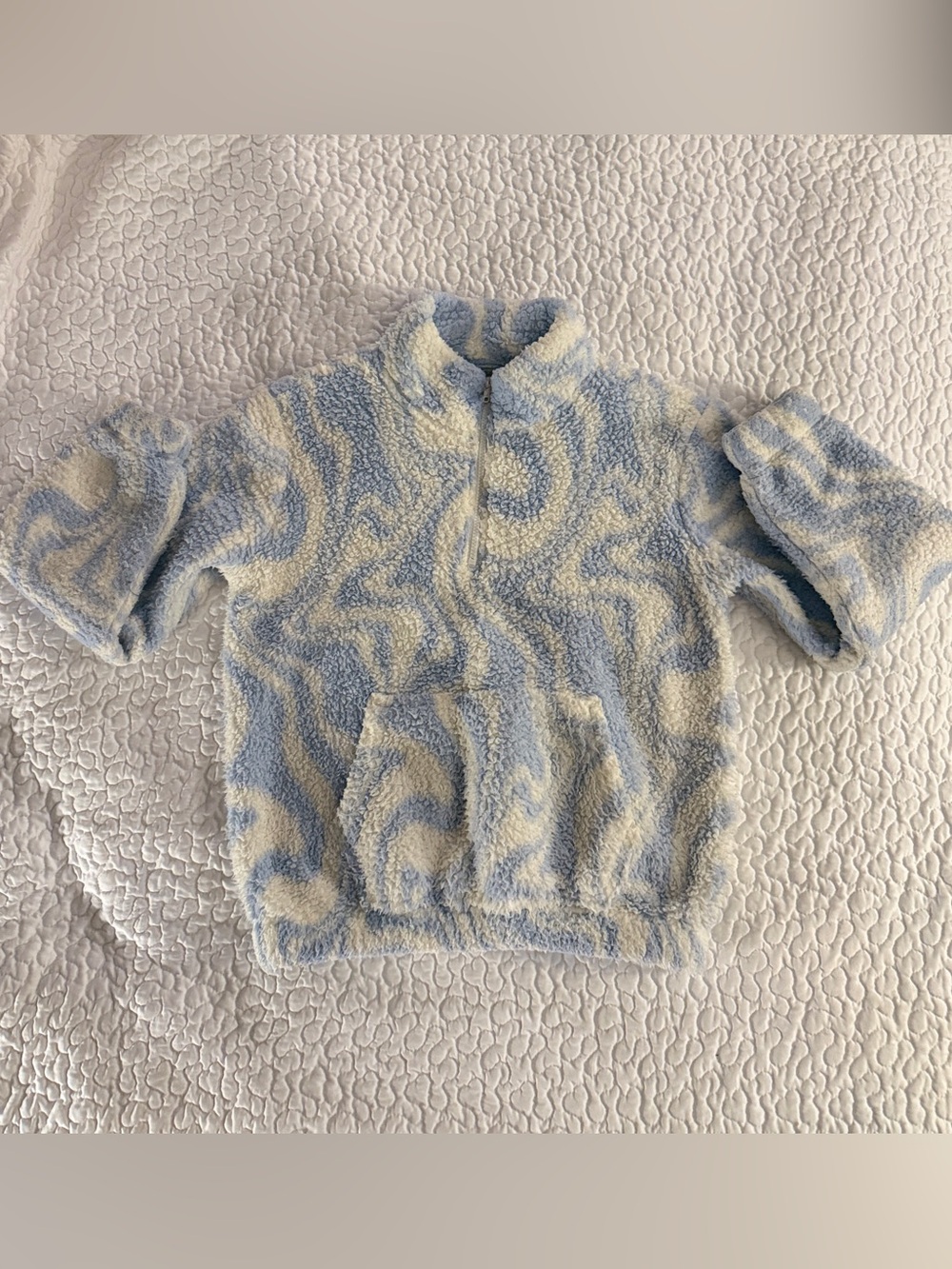 SO Women’s XS Blue Ivory Swirl Sherpa Faux Fur Quarter-Zip Pullover EUC